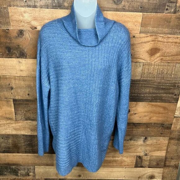 Como Vintage Pullover Sweater Mock Neck Blue Denim Rounded Hem Side Slits Small - Picture 10 of 15